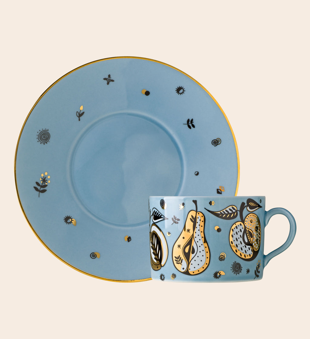 Forbidden Fruit Porcelain Tea Cup with Saucer - Blue