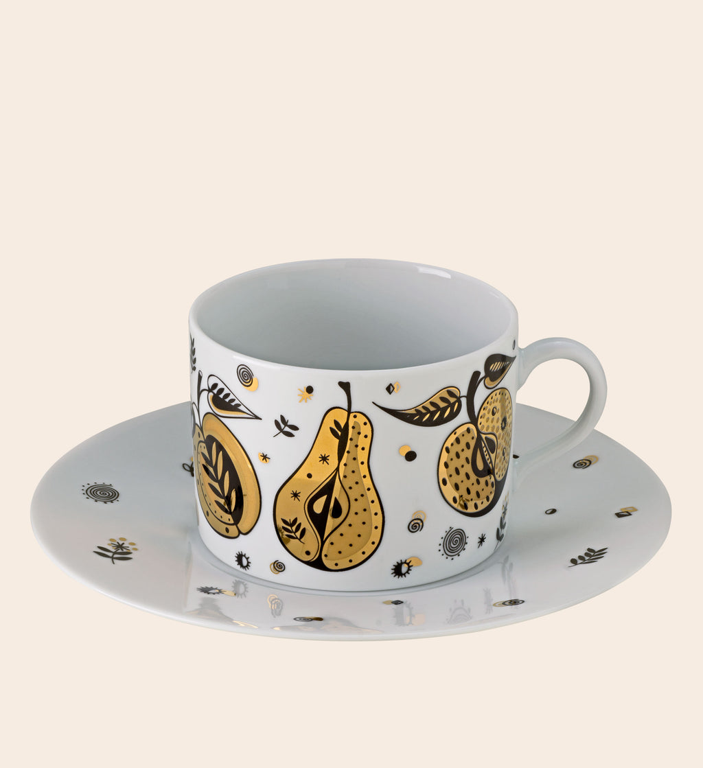 Forbidden Fruit Porcelain Tea Cup with Saucer - White